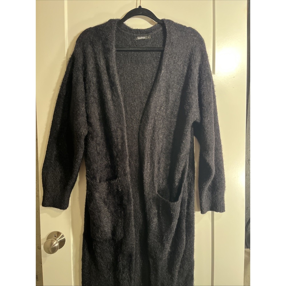 Boohoo Women's Black open-front longline cardigan with pockets size Large